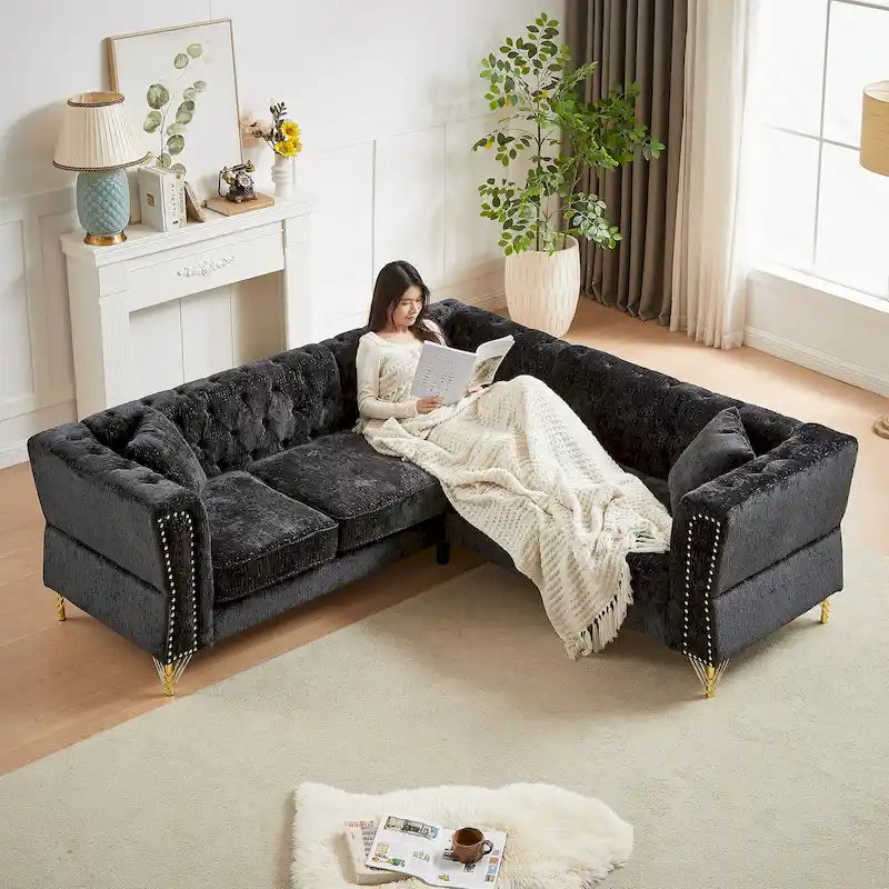 81.5 Chesterfield Chenille L-Shaped Corner Sectional Sofa with Tufted Backrest