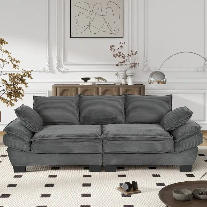 85.4 Modern Curved Sofa, Back Upholstered Couch with 2 Decorative Throw Pillows, Corduroy Fabric Couch