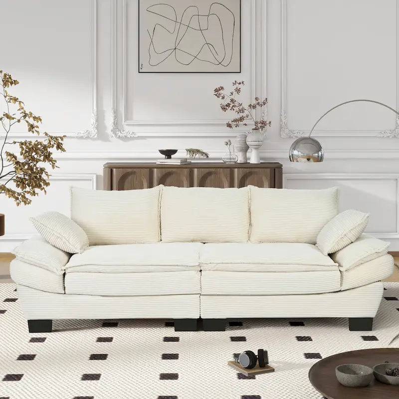 85.4 Modern Curved Sofa, Back Upholstered Couch with 2 Decorative Throw Pillows, Corduroy Fabric Couch