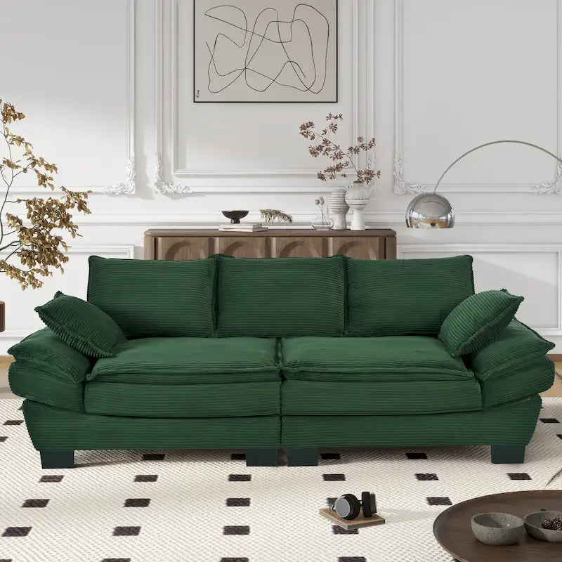 85.4 Modern Curved Sofa, Back Upholstered Couch with 2 Decorative Throw Pillows, Corduroy Fabric Couch