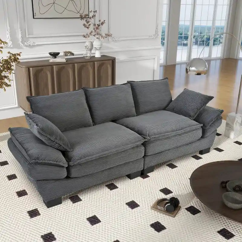 85.4 Modern Curved Sofa, Back Upholstered Couch with 2 Decorative Throw Pillows, Corduroy Fabric Couch