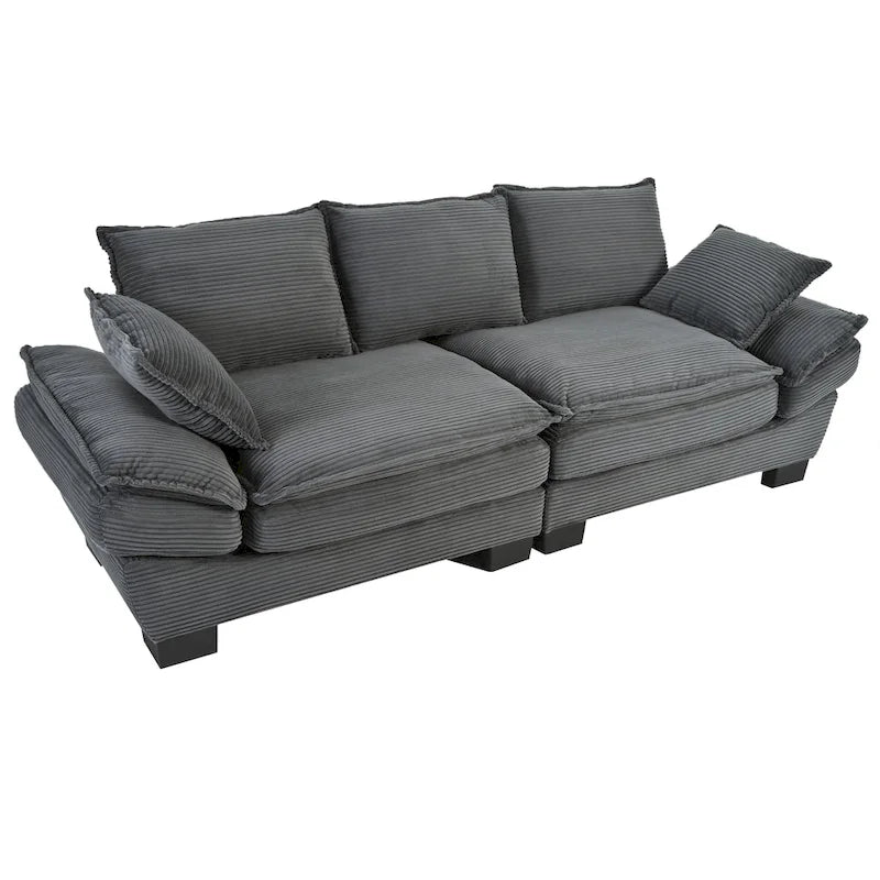 85.4 Modern Curved Sofa, Back Upholstered Couch with 2 Decorative Throw Pillows, Corduroy Fabric Couch