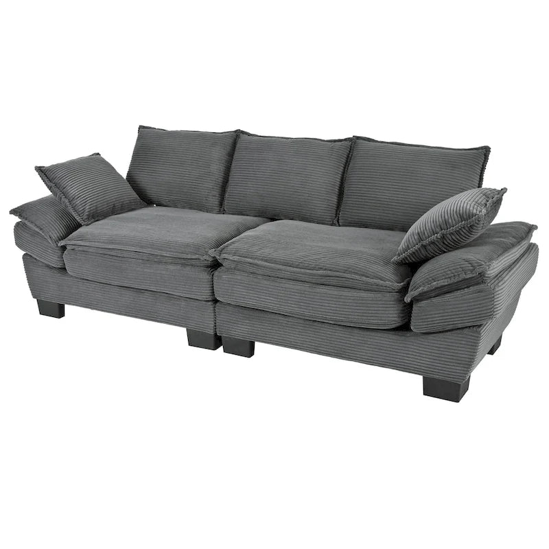 85.4 Modern Curved Sofa, Back Upholstered Couch with 2 Decorative Throw Pillows, Corduroy Fabric Couch