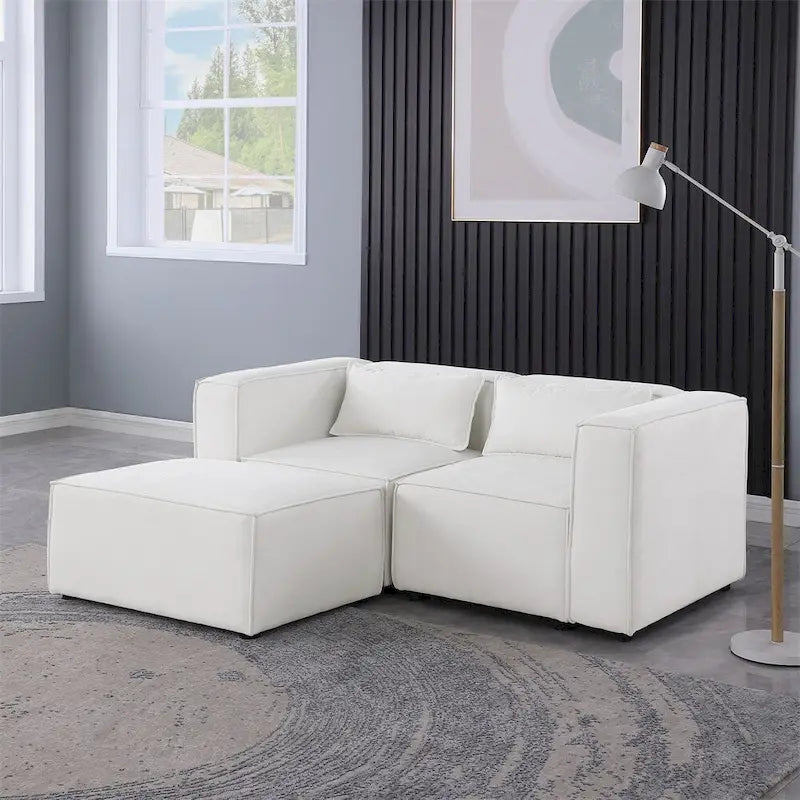 Chenille Fabric Sofa with Legs and Ottoman