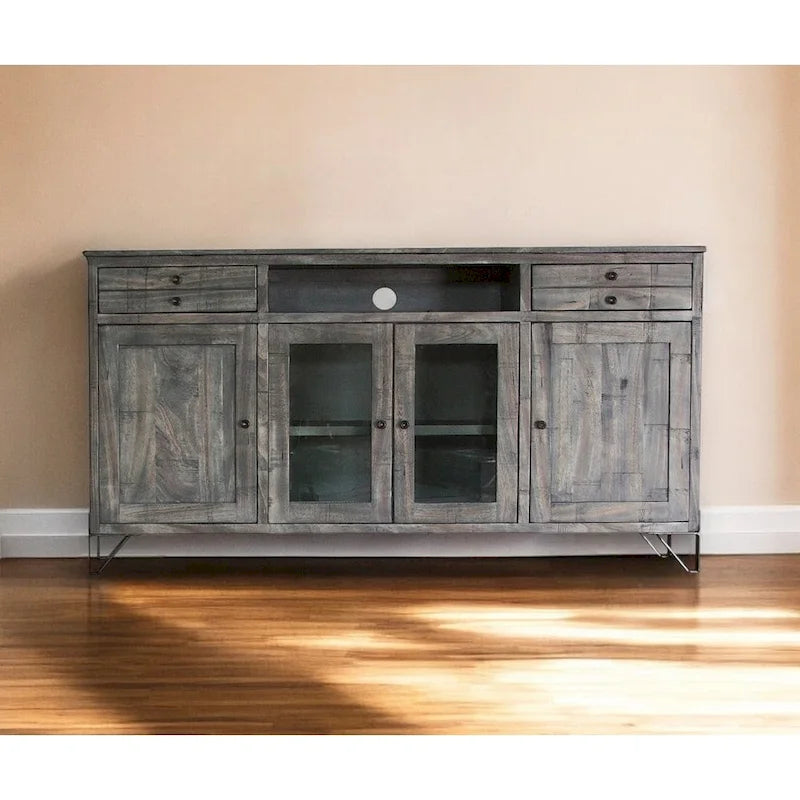 70 Gray Solid Wood Cabinet Enclosed Storage Distressed TV Stand - 70' X '37.25' X '17.75