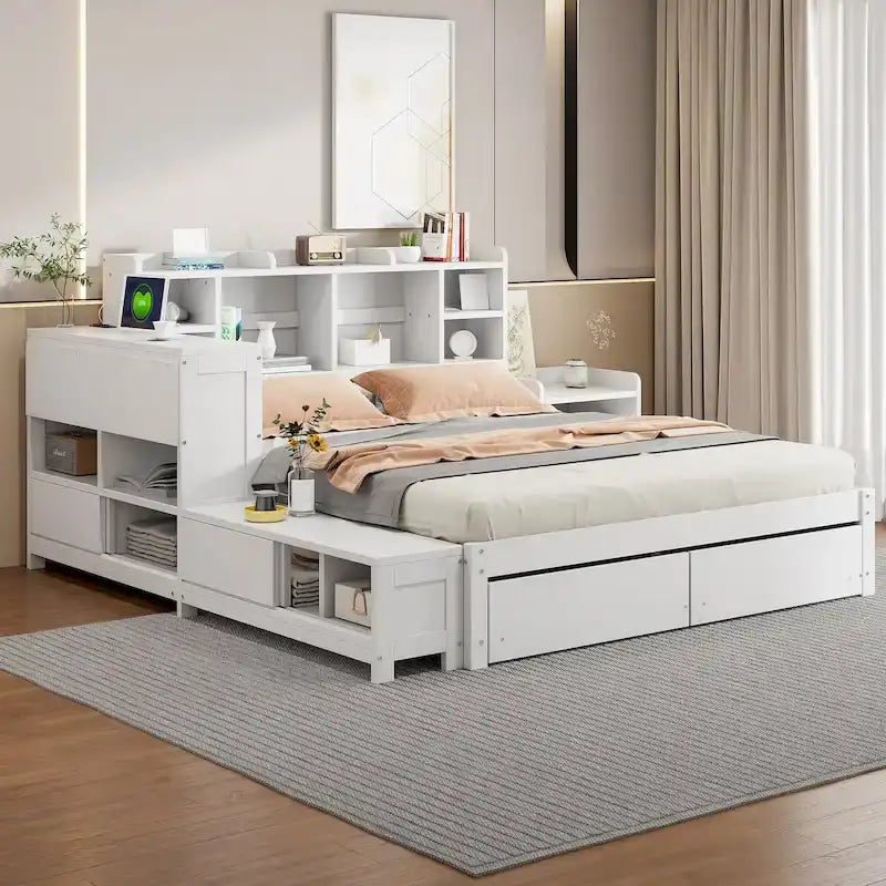 Full Size Wooden Platform Bed with Storage, Nightstand, Desk, USB Ports & 2 Drawers,White