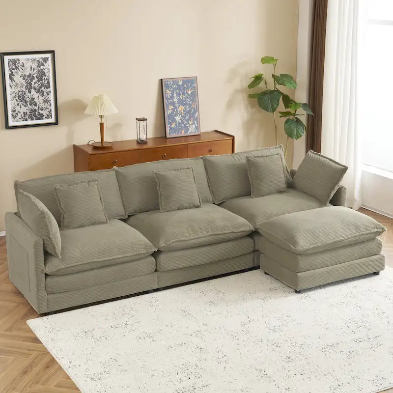 Sectional Sofa with Movable Ottoman Corduroy L-Shaped Upholstered Deep Seat Couch with Lumbar Pillows and Side Pockets