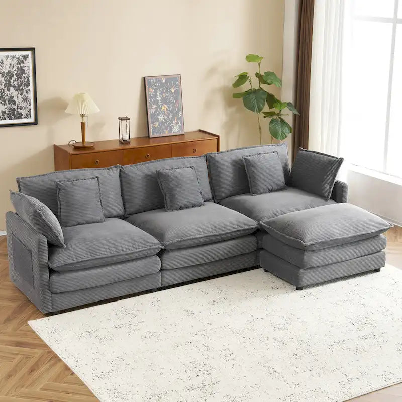 Sectional Sofa with Movable Ottoman Corduroy L-Shaped Upholstered Deep Seat Couch with Lumbar Pillows and Side Pockets