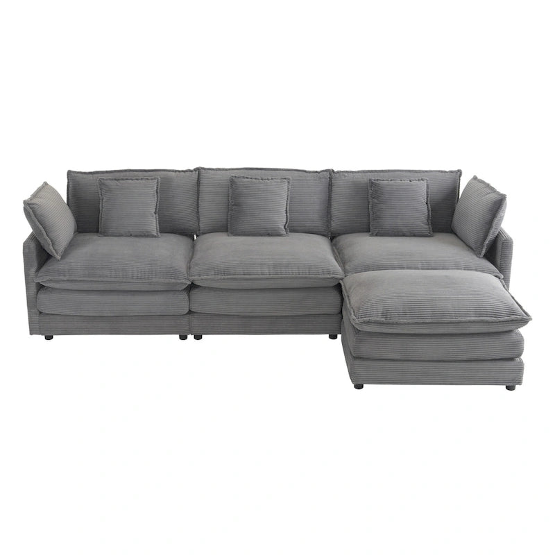 Sectional Sofa with Movable Ottoman Corduroy L-Shaped Upholstered Deep Seat Couch with Lumbar Pillows and Side Pockets