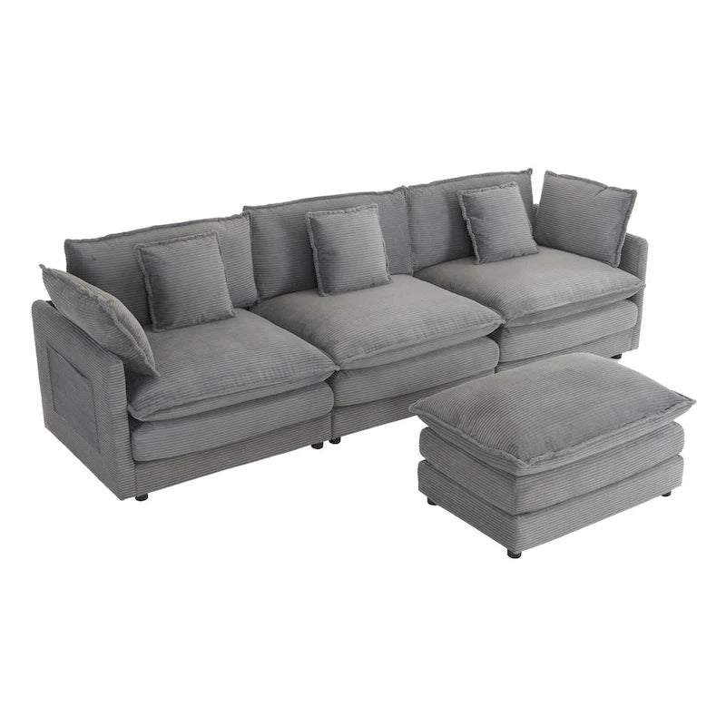 Sectional Sofa with Movable Ottoman Corduroy L-Shaped Upholstered Deep Seat Couch with Lumbar Pillows and Side Pockets
