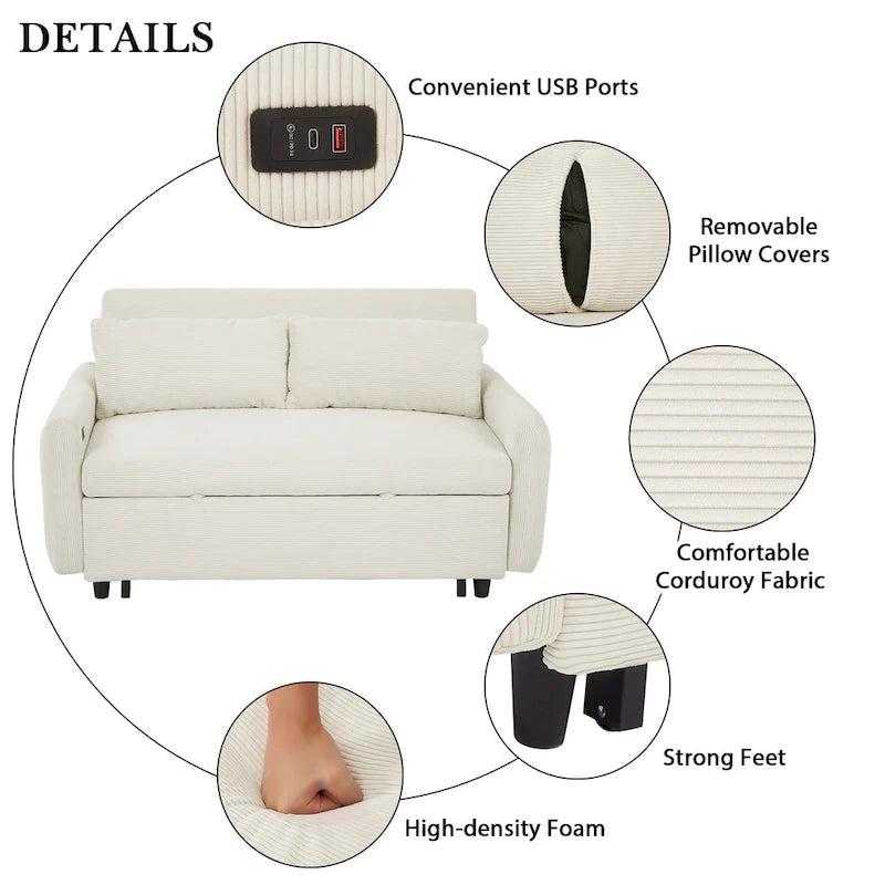 Pull-Out Sofa Bed Convertible 2-Seat Loveseat with Throw Pillows and USB Ports, Modern Sleeper Sofa, Beige