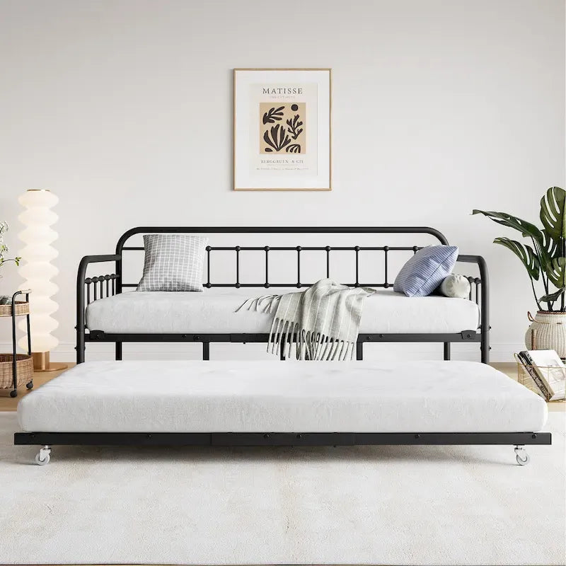 Twin Size Metal Daybed with Trundle and Heavy Duty Steel Slat Support for Bedroom