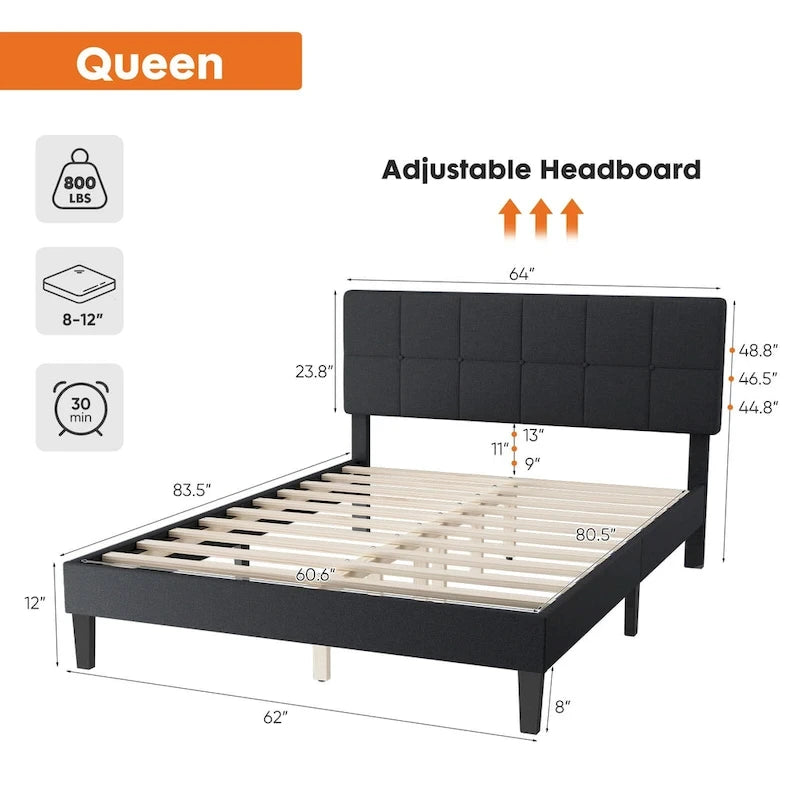 Linen Upholstered Platform Bed with Adjustable Headboard