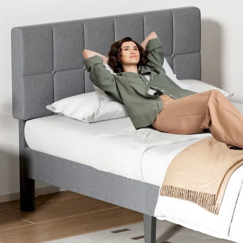 Linen Upholstered Platform Bed with Adjustable Headboard