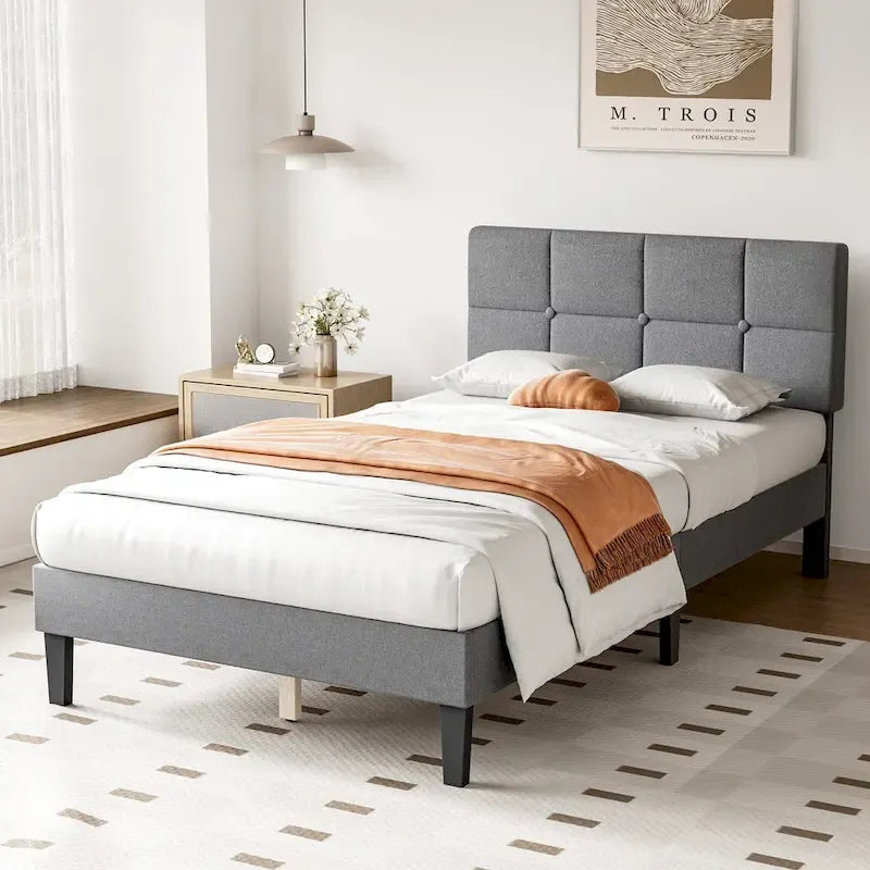 Linen Upholstered Platform Bed with Adjustable Headboard