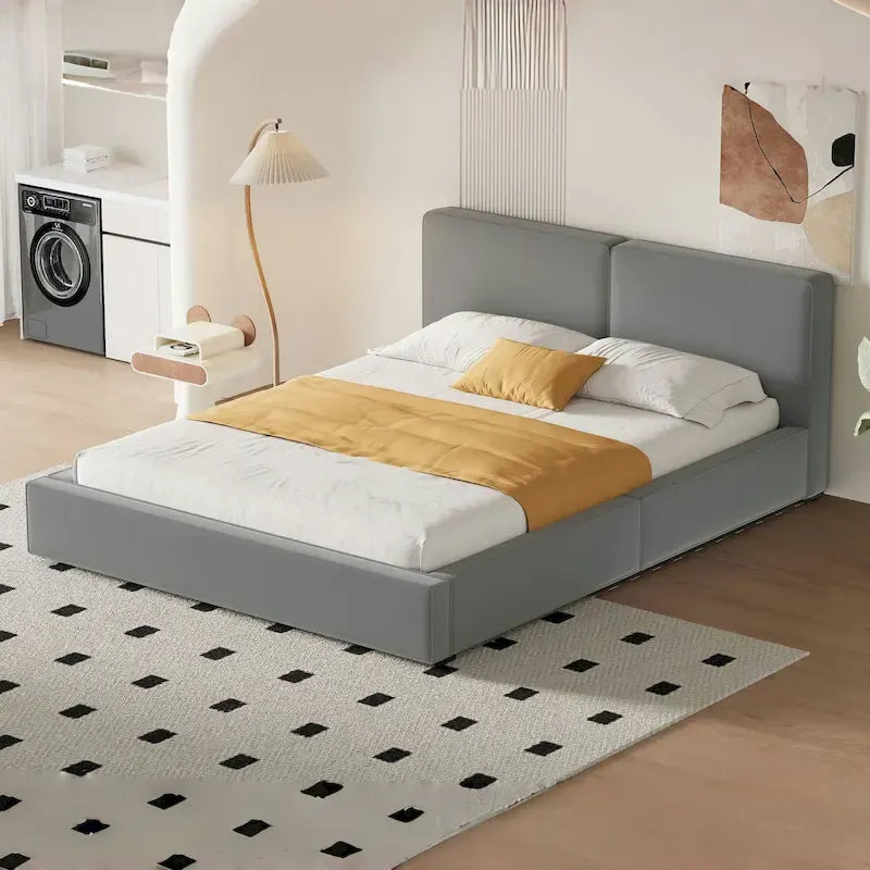 Gray Queen Size Upholstered Bed with Velvet Fabric