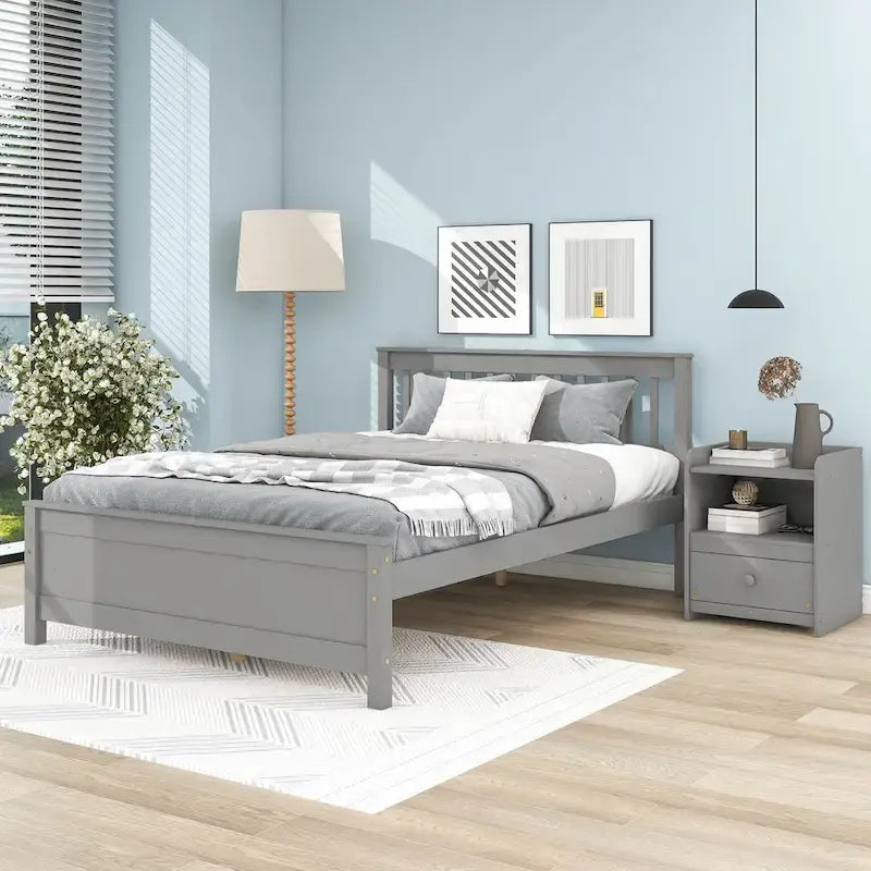 Grey Pine Wood Full Bed with Slatted Headboard and Footboard - No Box Spring Required, Includes Nightstand