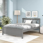 Grey Pine Wood Full Bed with Slatted Headboard and Footboard - No Box Spring Required, Includes Nightstand