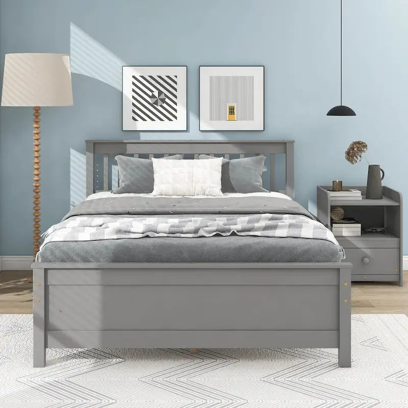 Grey Pine Wood Full Bed with Slatted Headboard and Footboard - No Box Spring Required, Includes Nightstand