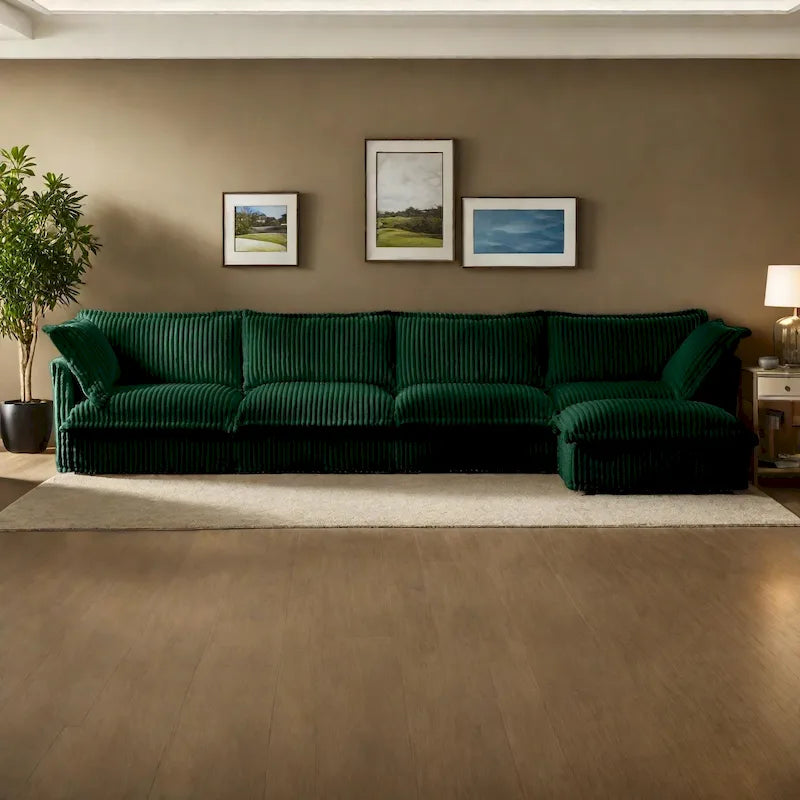 Corduroy Slipcovered L-Shaped Sectional Sofa with Deep Seats, 4-Seater Couch with Supple Armrests and 2 Big Pillows
