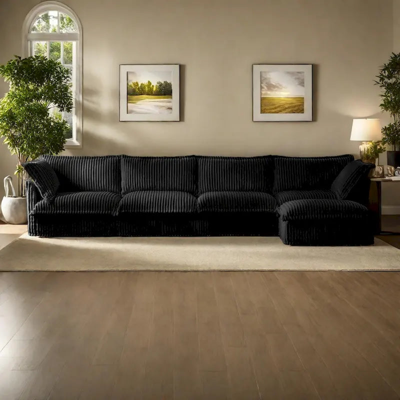 Corduroy Slipcovered L-Shaped Sectional Sofa with Deep Seats, 4-Seater Couch with Supple Armrests and 2 Big Pillows