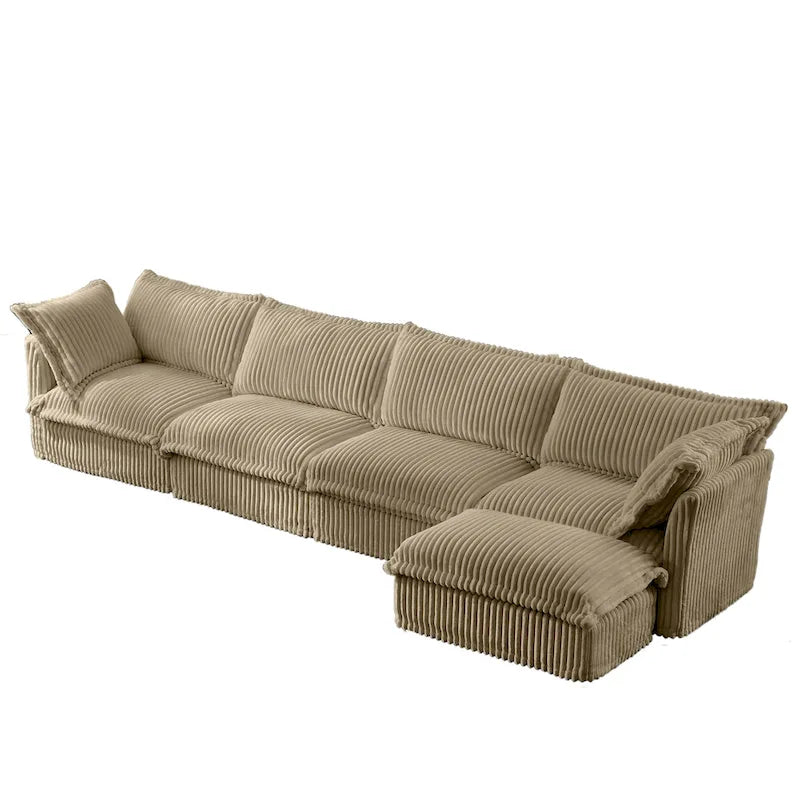 Corduroy Slipcovered L-Shaped Sectional Sofa with Deep Seats, 4-Seater Couch with Supple Armrests and 2 Big Pillows