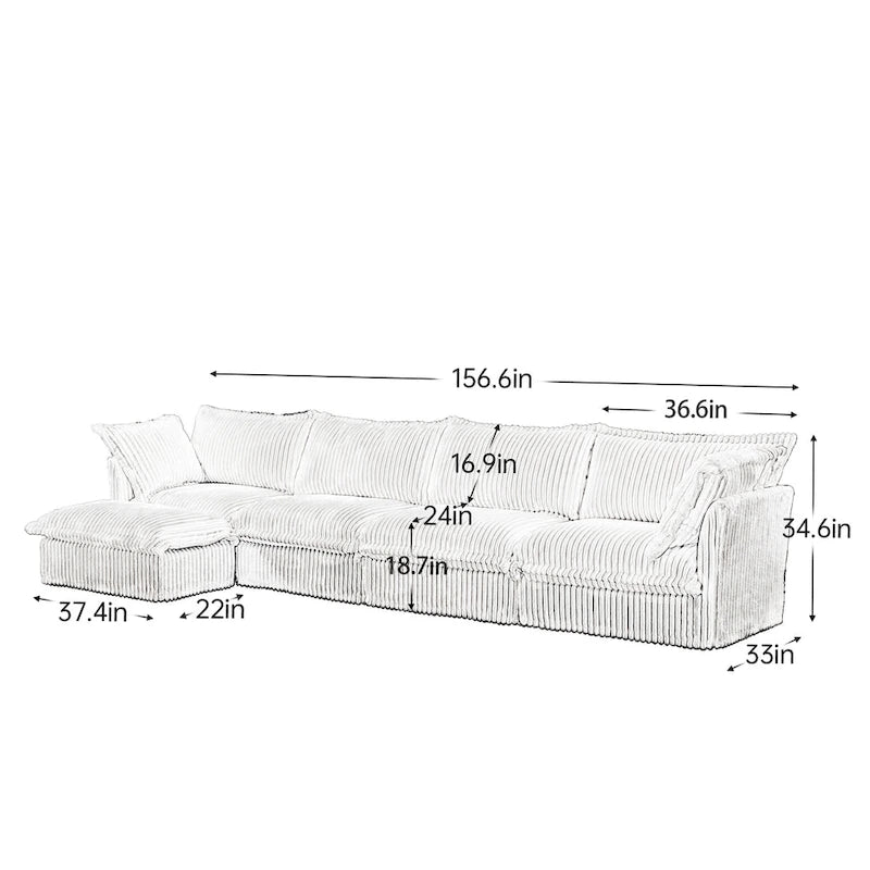Corduroy Slipcovered L-Shaped Sectional Sofa with Deep Seats, 4-Seater Couch with Supple Armrests and 2 Big Pillows