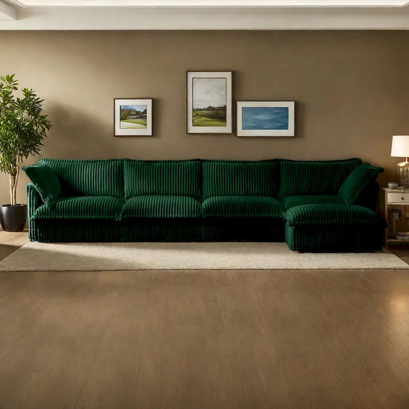 Corduroy Slipcovered L-Shaped Sectional Sofa with Deep Seats, 4-Seater Couch with Supple Armrests and 2 Big Pillows