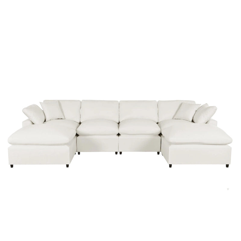 Beige 134.40 Modern U-Shaped 6 Seater Sectional Sofa with 2 Large Chaises, Removable Ottomans and Soft Cushions