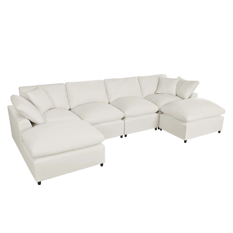 Beige 134.40 Modern U-Shaped 6 Seater Sectional Sofa with 2 Large Chaises, Removable Ottomans and Soft Cushions