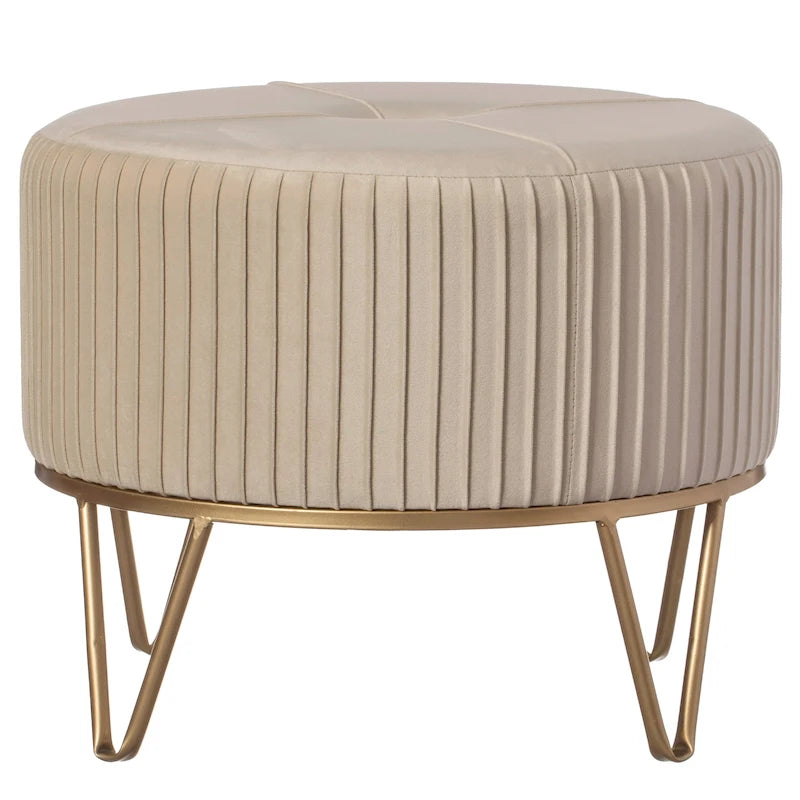 Round Velvet Ottoman Stool Raised with Hairpin Gold Base
