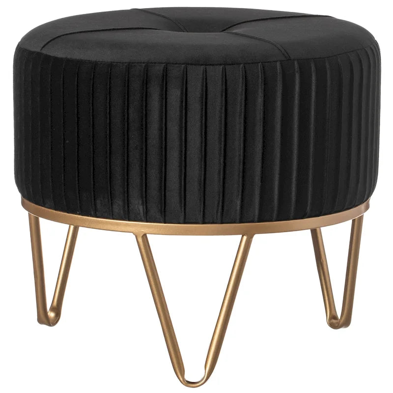 Round Velvet Ottoman Stool Raised with Hairpin Gold Base