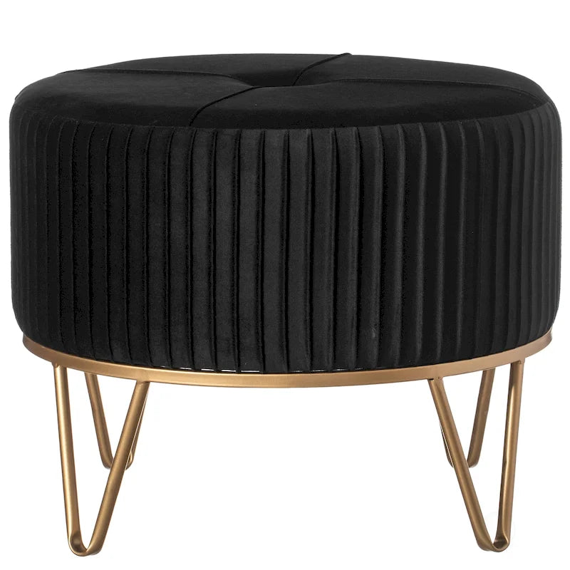 Round Velvet Ottoman Stool Raised with Hairpin Gold Base