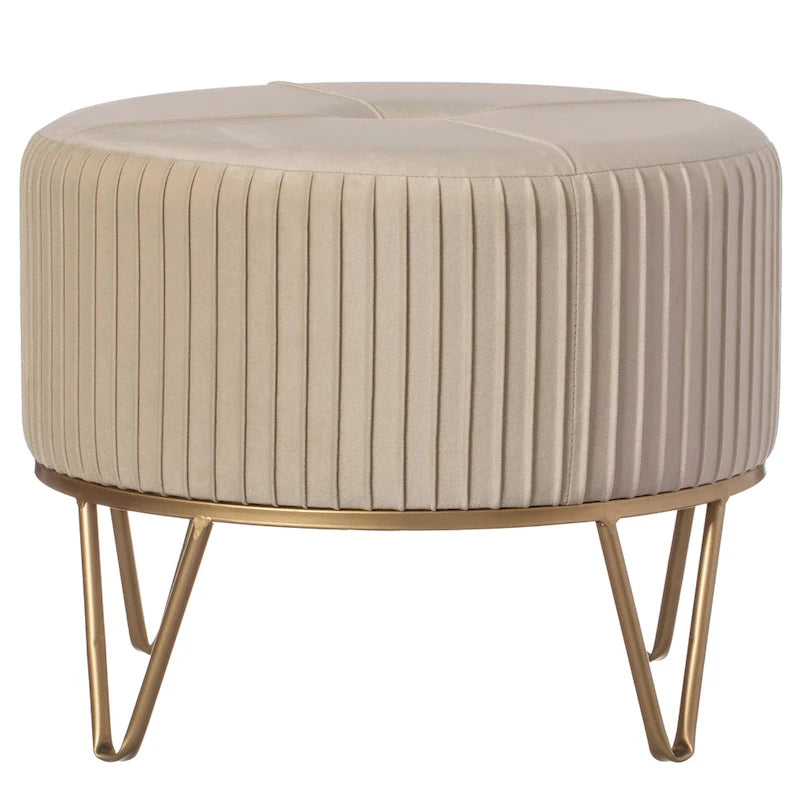 Round Velvet Ottoman Stool Raised with Hairpin Gold Base