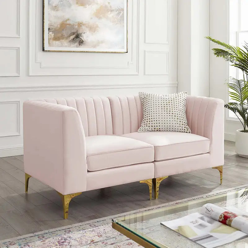 Channel Tufted Velvet Loveseat – Pink / Gray / Navy, 2-Seat