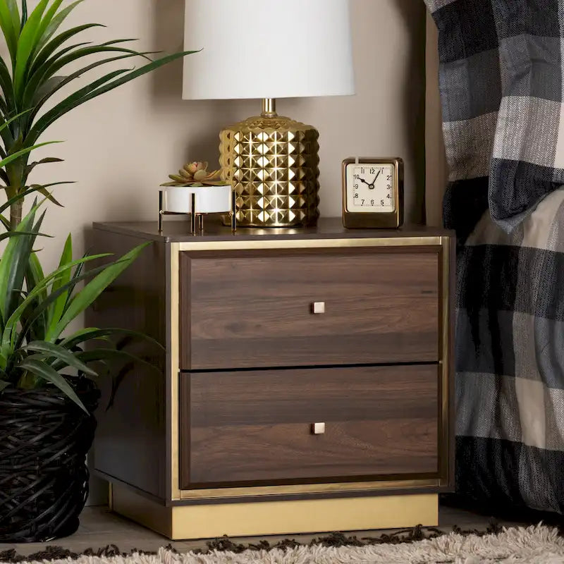 Transitional Wood/ Metal 2-Drawer Nightstand-Walnut/ Dark Brown