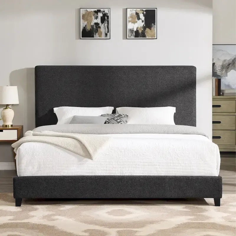 Dark Grey Upholstered Panel Platform Bed, Queen/King, 2-Person