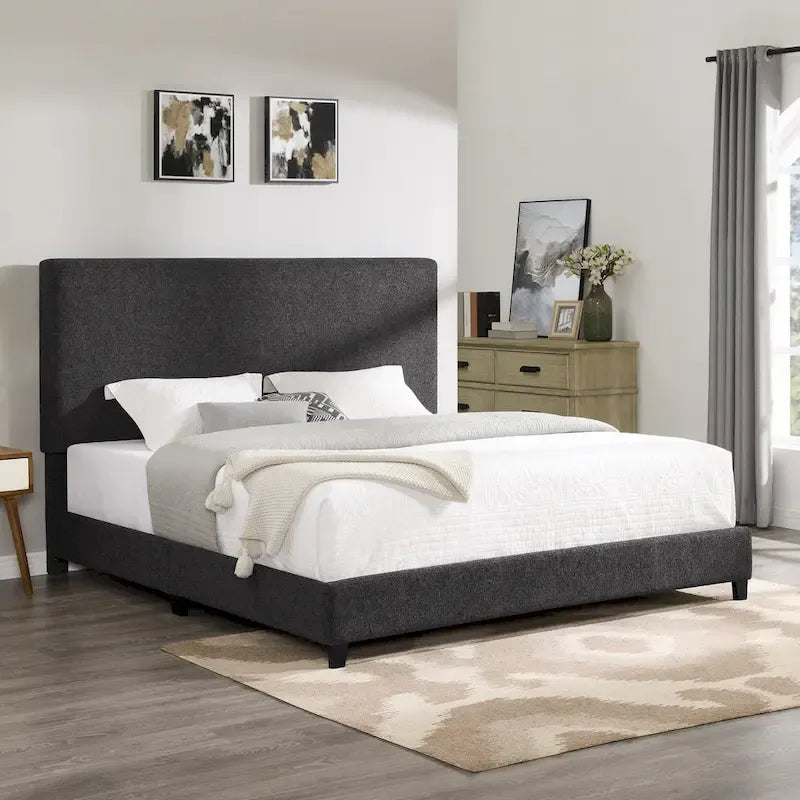 Dark Grey Upholstered Panel Platform Bed, Queen/King, 2-Person