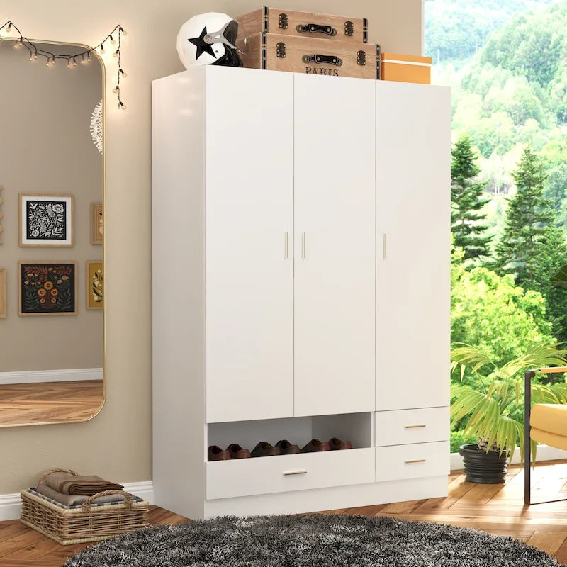 White 3-Door Wardrobe & Vanity Desk Set, 1-Person