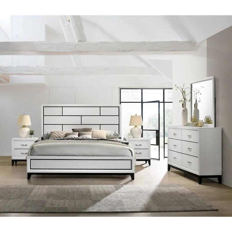 Contemporary Panel Bedroom Set in White Finish with Panel Bed, Dresser, Mirror, 2 Night Stands
