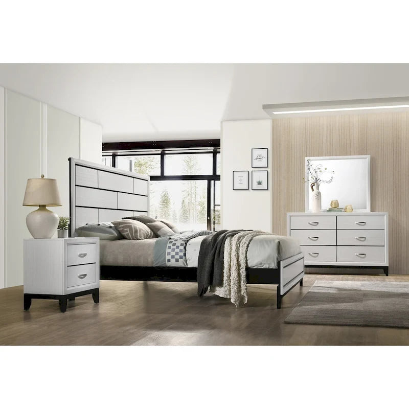 Contemporary Panel Bedroom Set in White Finish with Panel Bed, Dresser, Mirror, 2 Night Stands
