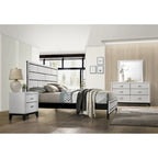 Contemporary Panel Bedroom Set in White Finish with Panel Bed, Dresser, Mirror, 2 Night Stands