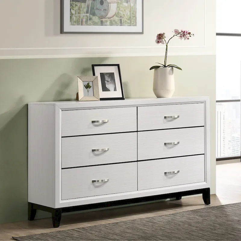 Contemporary Panel Bedroom Set in White Finish with Panel Bed, Dresser, Mirror, 2 Night Stands