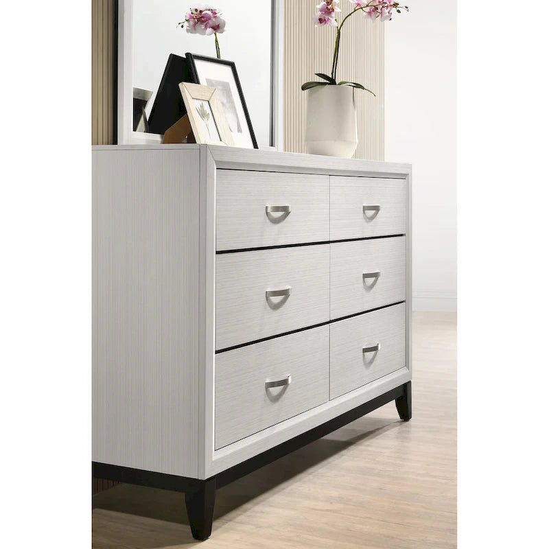 Contemporary Panel Bedroom Set in White Finish with Panel Bed, Dresser, Mirror, 2 Night Stands