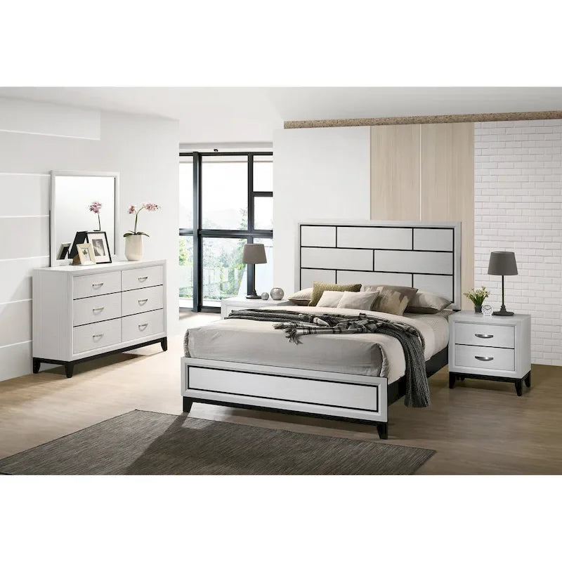 Contemporary Panel Bedroom Set in White Finish with Panel Bed, Dresser, Mirror, 2 Night Stands