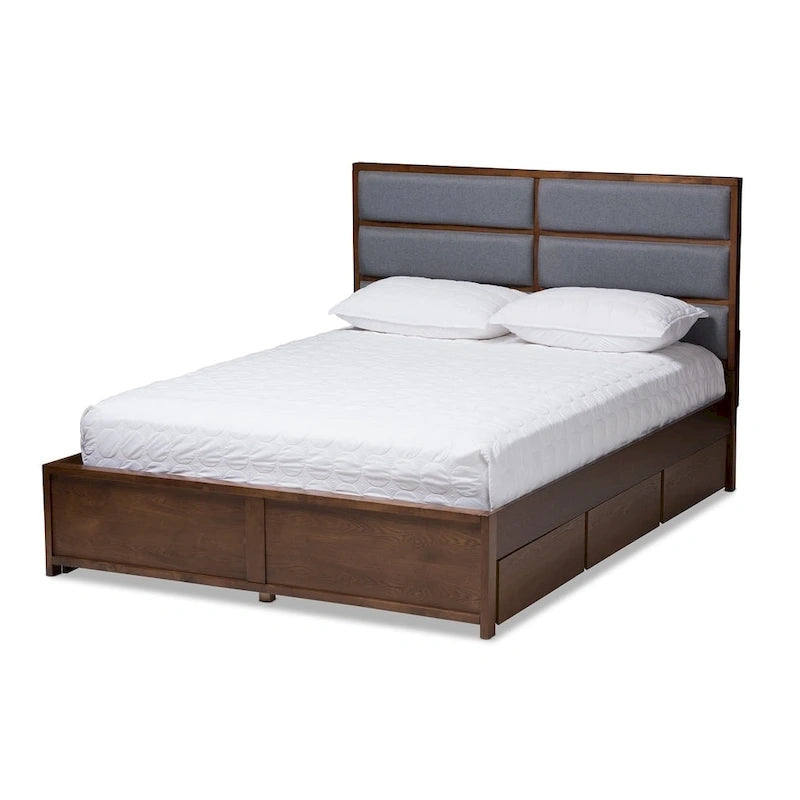 Contemporary Grey Fabric and Walnut Wood Storage Bed