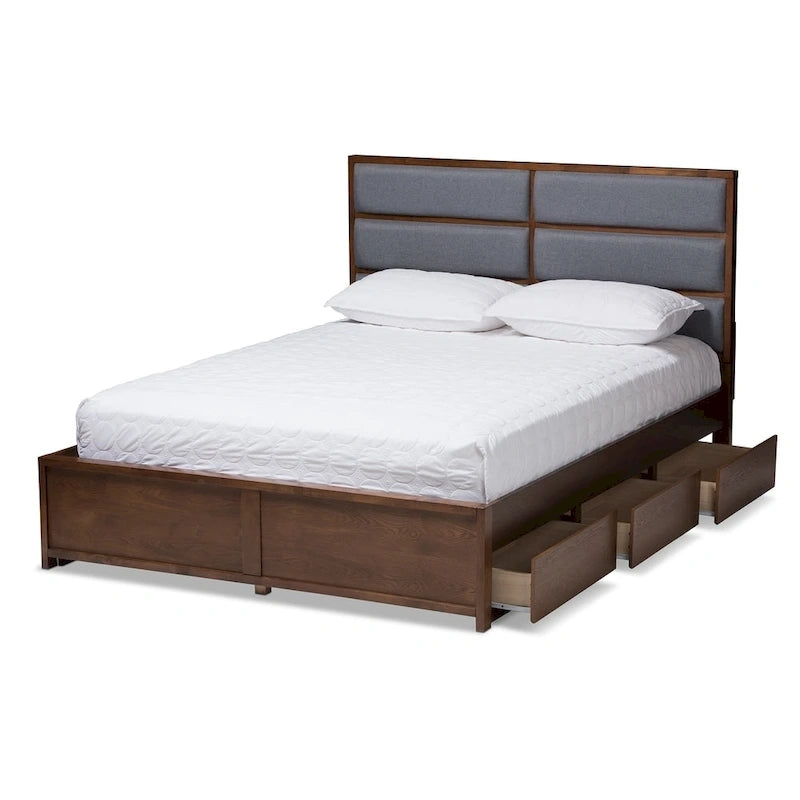 Contemporary Grey Fabric and Walnut Wood Storage Bed