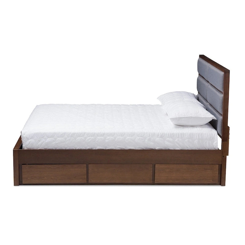 Contemporary Grey Fabric and Walnut Wood Storage Bed