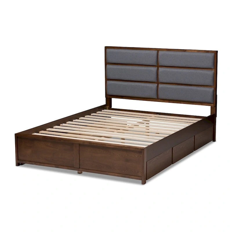 Contemporary Grey Fabric and Walnut Wood Storage Bed