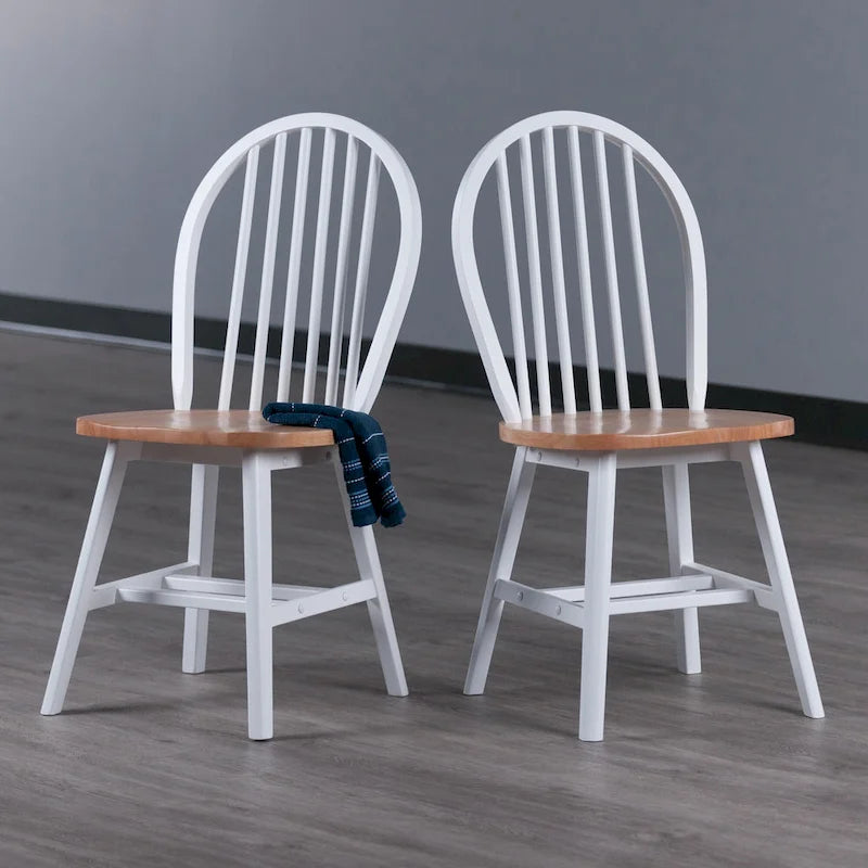 White & Natural Solid Wood Dining Chair, 6-Spindle Back, Set of 2